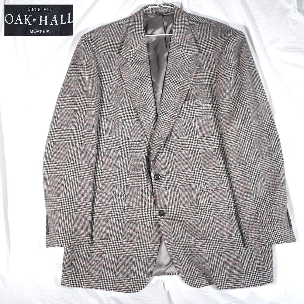 Oak Hall Glen Plaid Camel Hair Suit Jacket Houndstooth White Black Red 46R